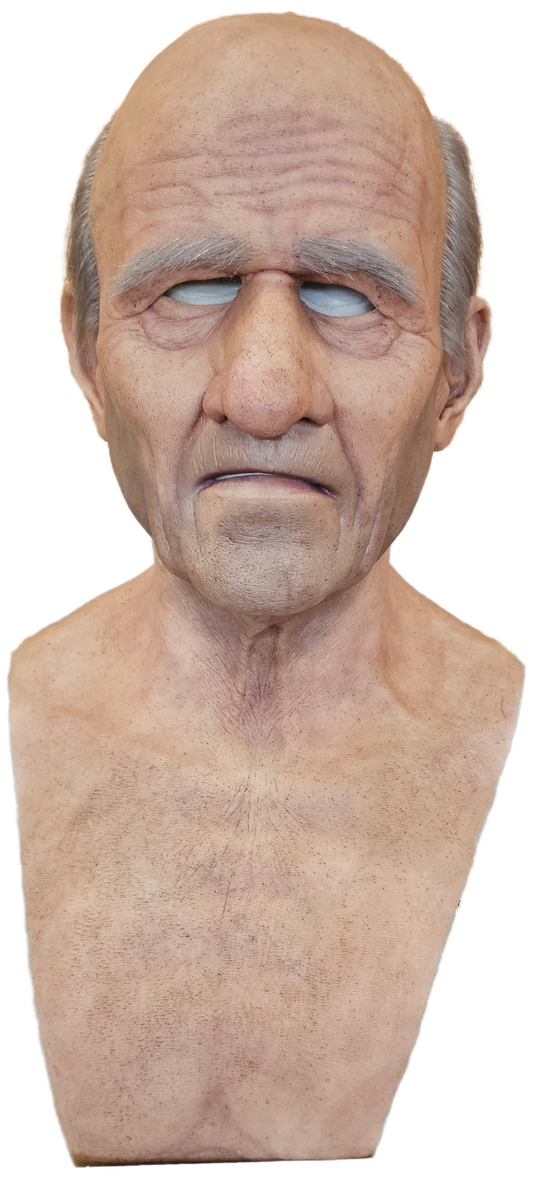 Stan old man with hand punched eyebrows and a horseshoe of hair