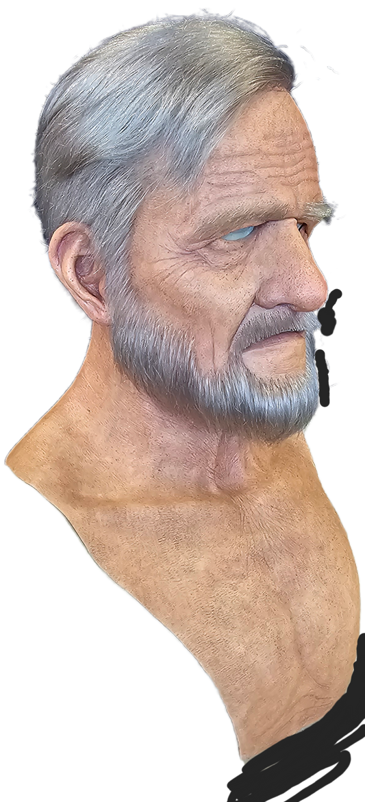 Stan old man with hand punched eyebrows and full hair, beard and mustache