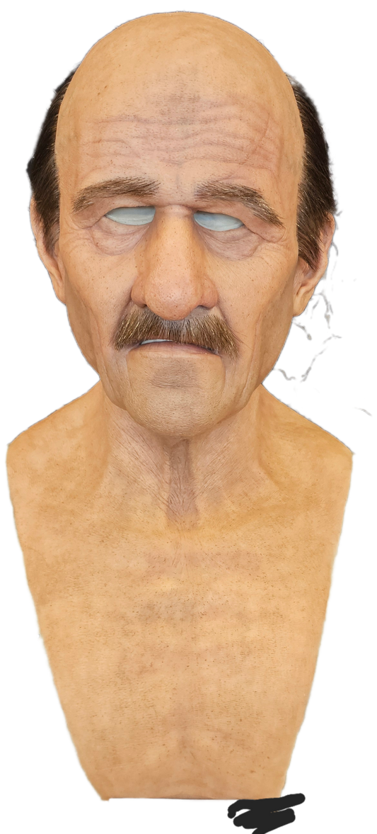 Stan old man with hand punched eyebrows, mustache and a horseshoe of hair