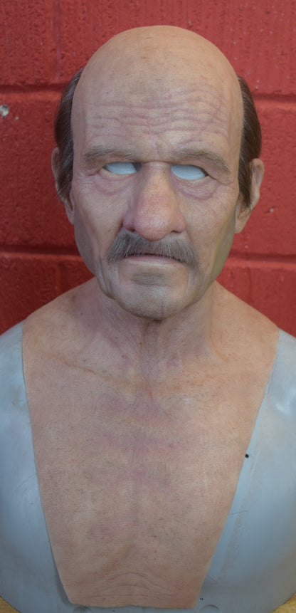 Stan old man with hand punched eyebrows, mustache and a horseshoe of hair