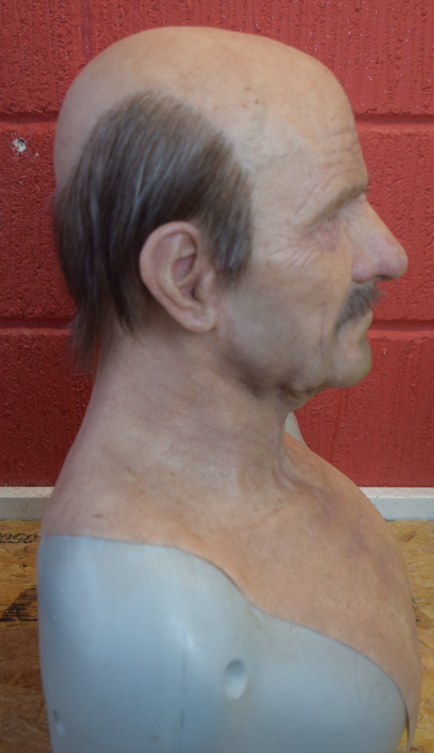 Stan old man with hand punched eyebrows, mustache and a horseshoe of hair