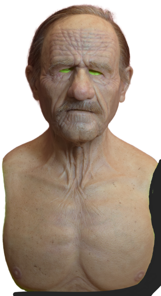 Albert with hand punched eyebrows, combover and mustache